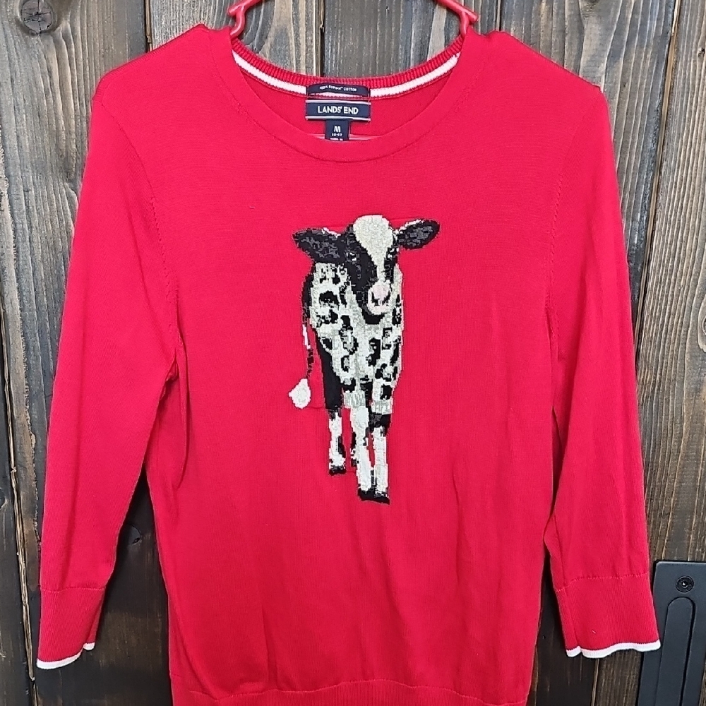 Lands' End Red Sweater with Cow Design